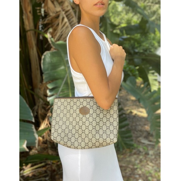 Gucci Handbags - Gucci 1980s Logo Monogram Canvas Crossbody Bag w/Gun Metal Chain